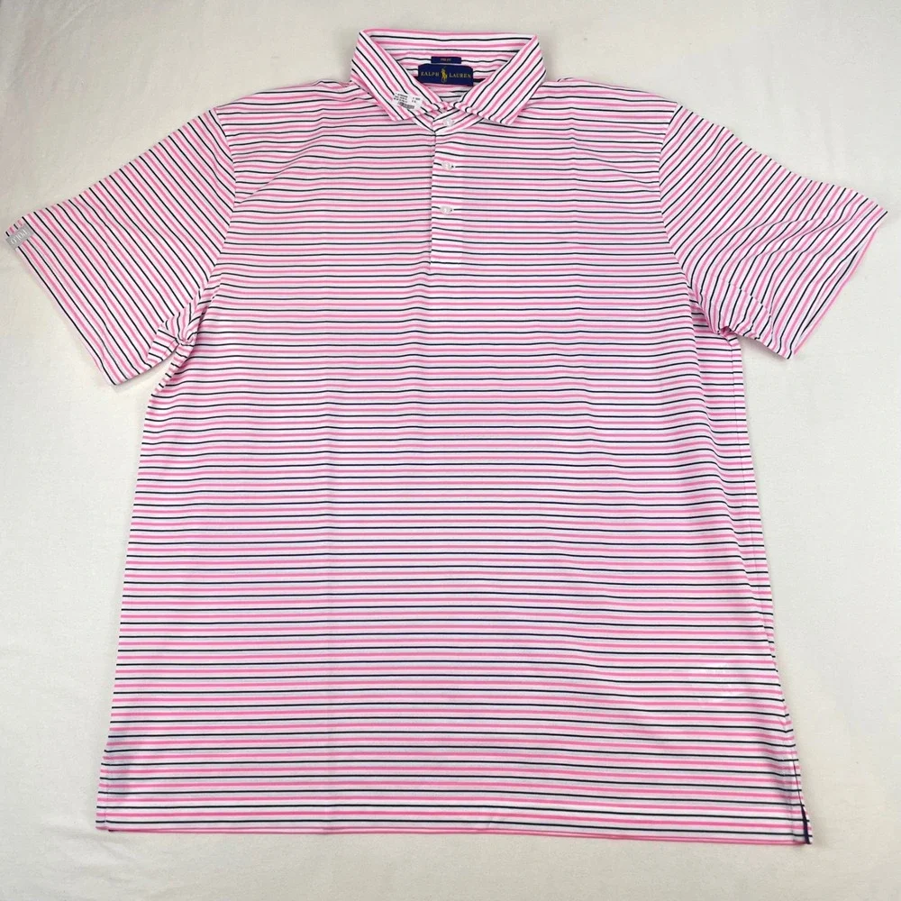 Ralph Lauren Pro Fit Mens XL Polo Shirt Pink Navy Blue Striped Short Sleeve NWOT